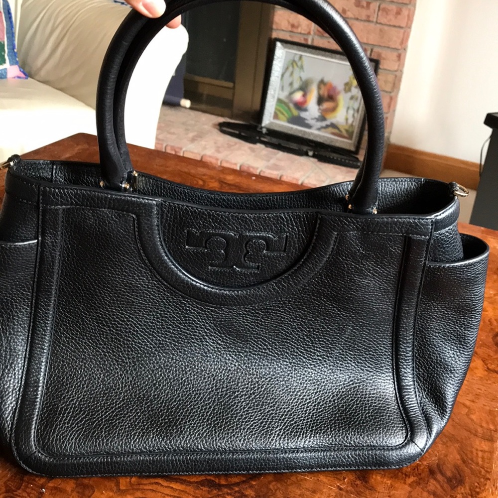 Tory Burch T Serif large black leather satchel